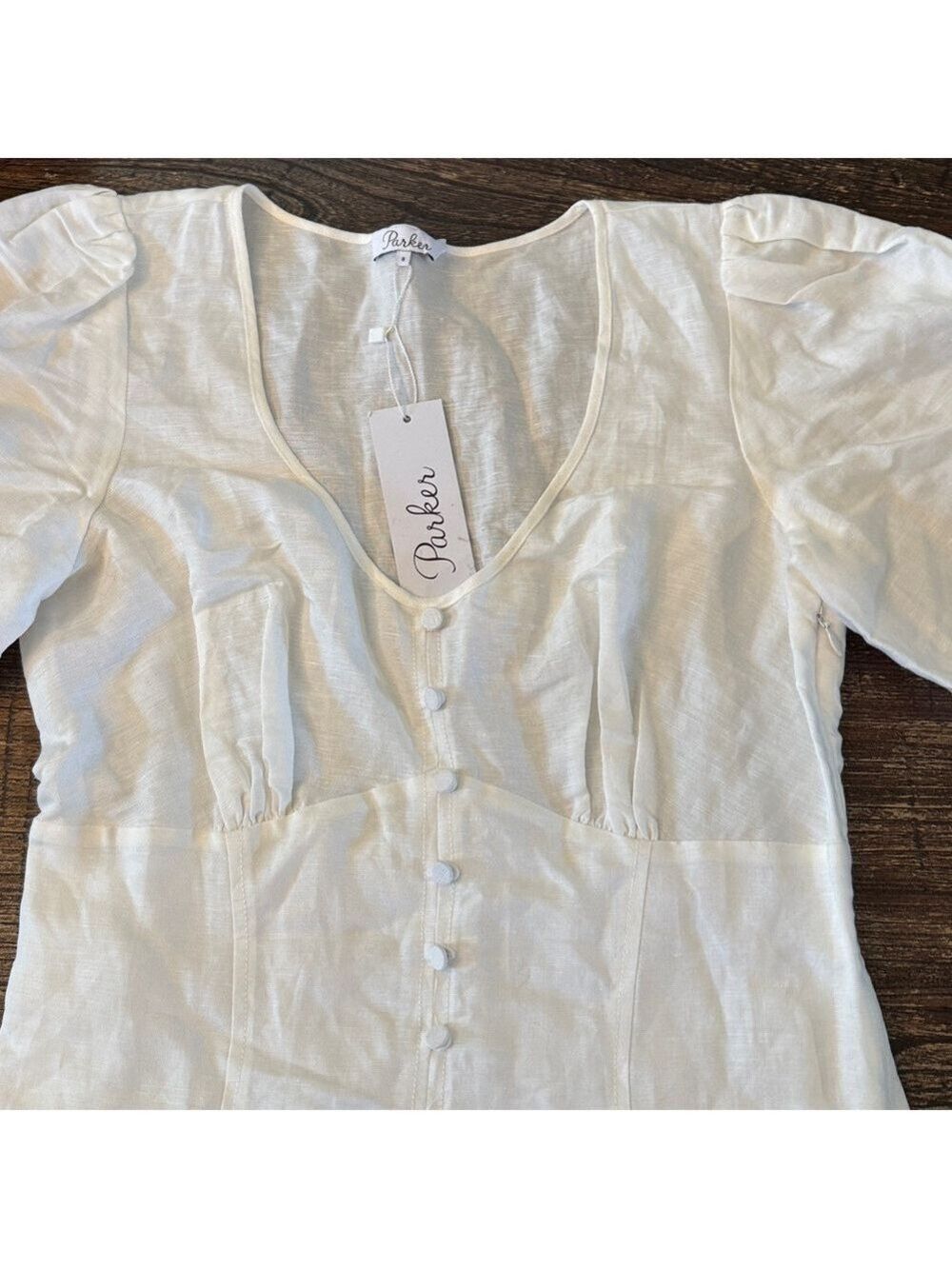 Parker Off White Linen Puff Sleeve Mini Dress Size 8 NWT Ivory - Picture 8 of 10